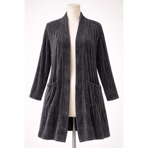Gianni Bini Crushed Velvet Duster Cardigan Gray Small Cable Knit Long Open Front